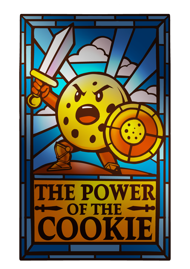 The Power of the Cookie — a cookie knight with sword and shield, rendered as a stained-glass window